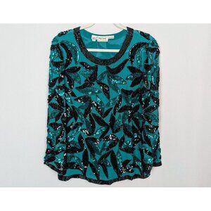 Oleg Cassini sz. M Vintage 1980s Silk Beaded Floral Leaf Sequin Top Blouse Event